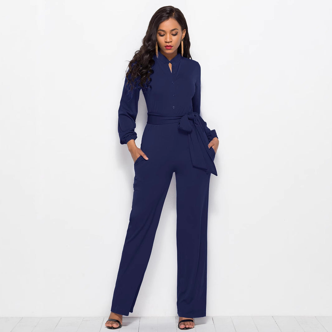 Damer Elegant Langærmet Jumpsuit med Talje bånd og Knapdetaljer Stilla