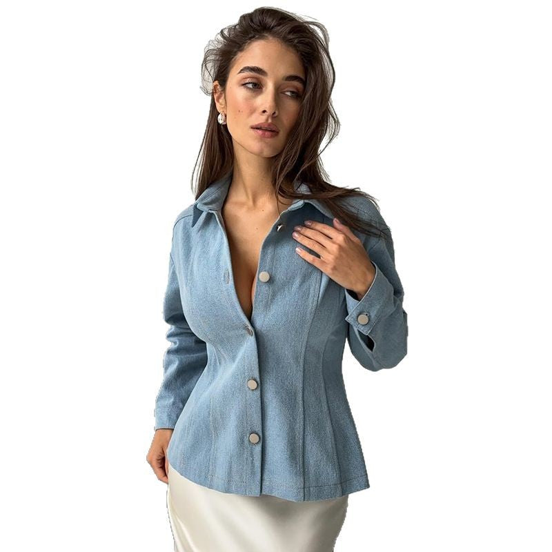 Dame Denim-bluse med figurtilpasset snit og elegante knapper Stilla