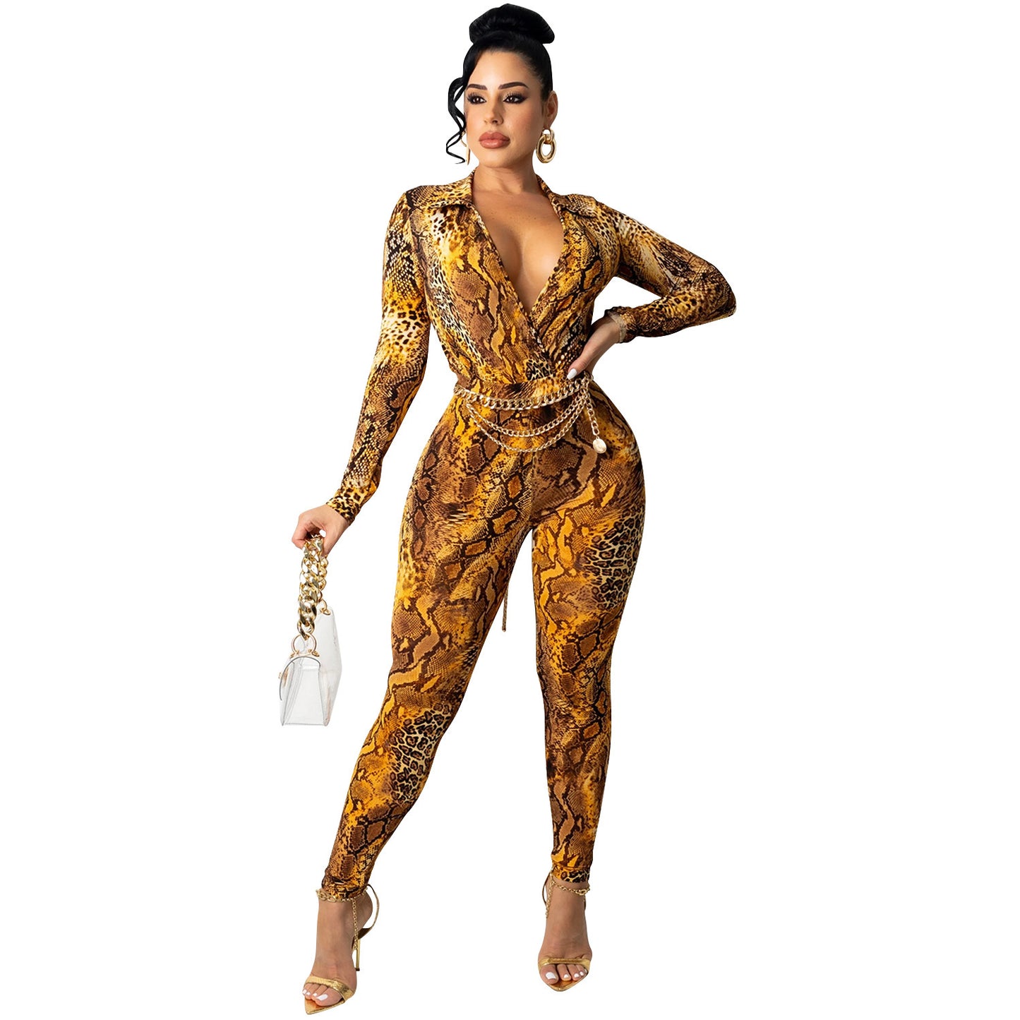 Dame elegant gulvlængde jumpsuit med slangetryk og dyb V-hals Stilla