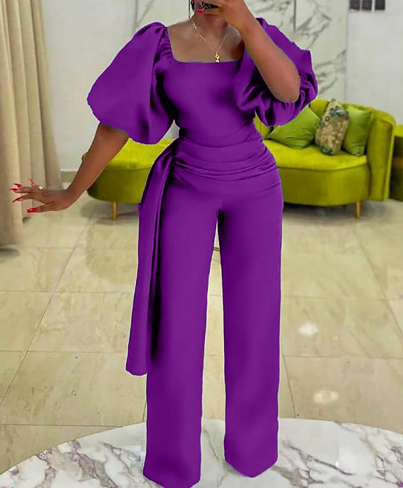 Dame Elegant Jumpsuit med voluminøse ærmer og flot taljebælte Stilla