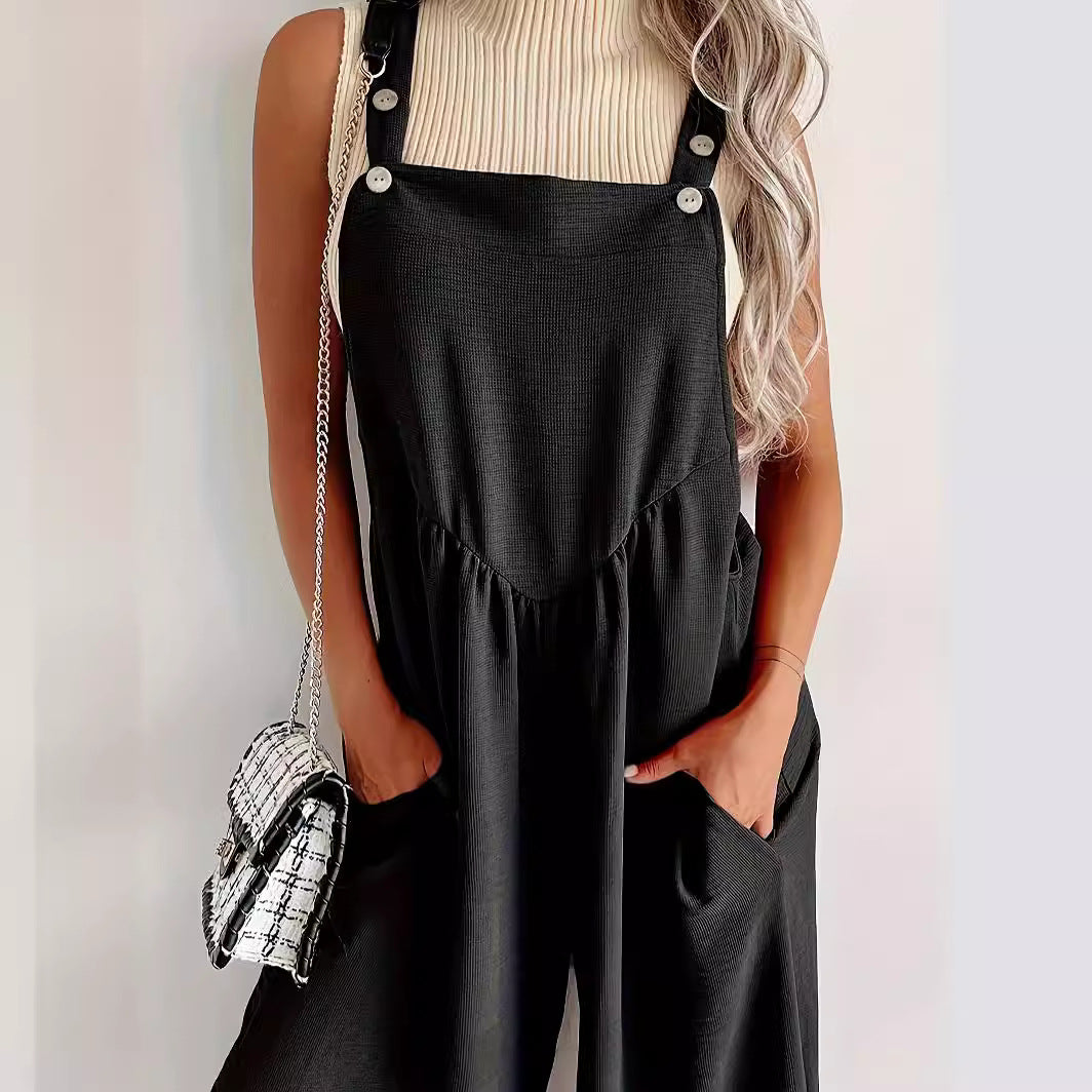 Dame casual jumpsuit med justérbare skulderstropper og sidelommer Stilla