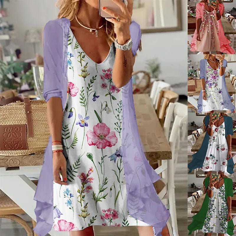 Dame sommerkjole med blomsterdesign og smart cardigan Stilla