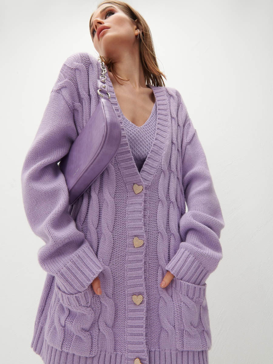 Dame Grovstrik cardigan med hjerteformede knapper og sidelommer Stilla