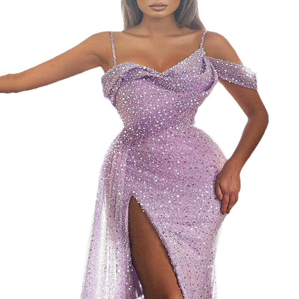 Dame Elegant aftenkjole med gennemsigtige indsatser og glitrende stof Stilla