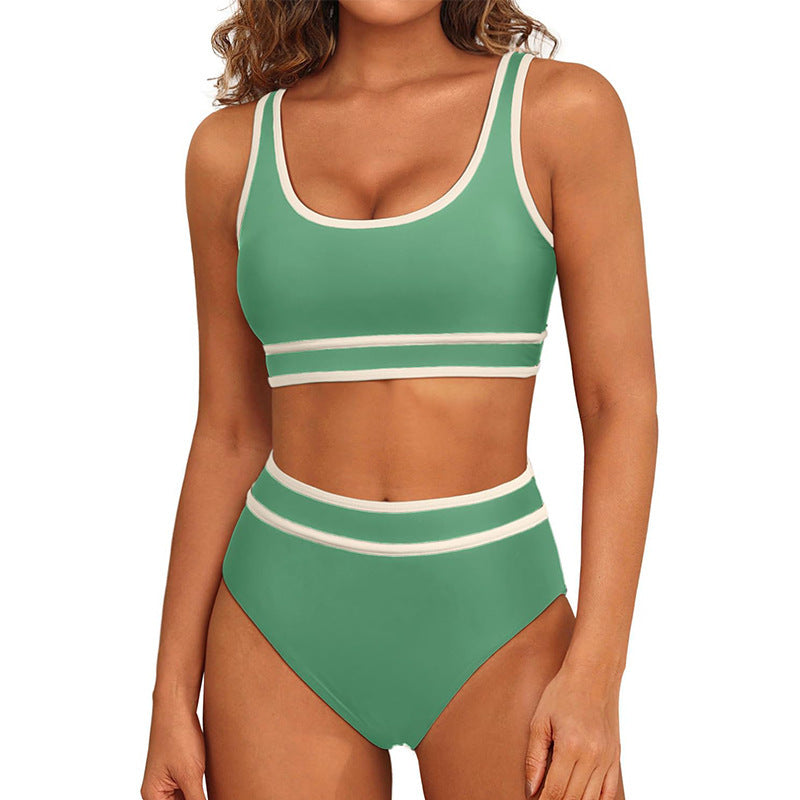 Dame Højtaljede Bikini-Sæt med sportslig Crop-Top og kontrasterende Ærmelydetails Stilla