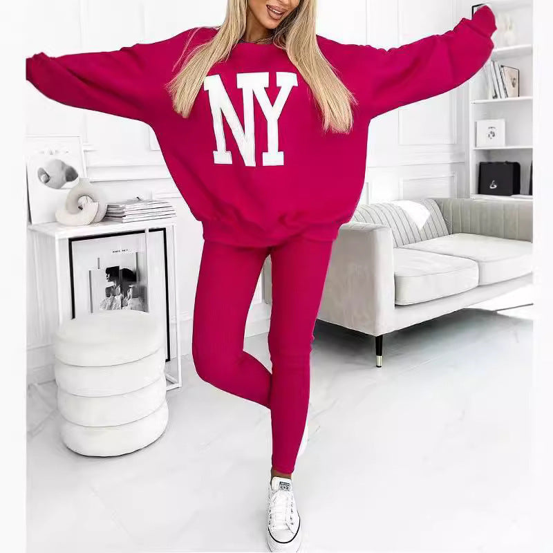 Dame Oversized Grafik Pullover og Leggings Sæt Stilla