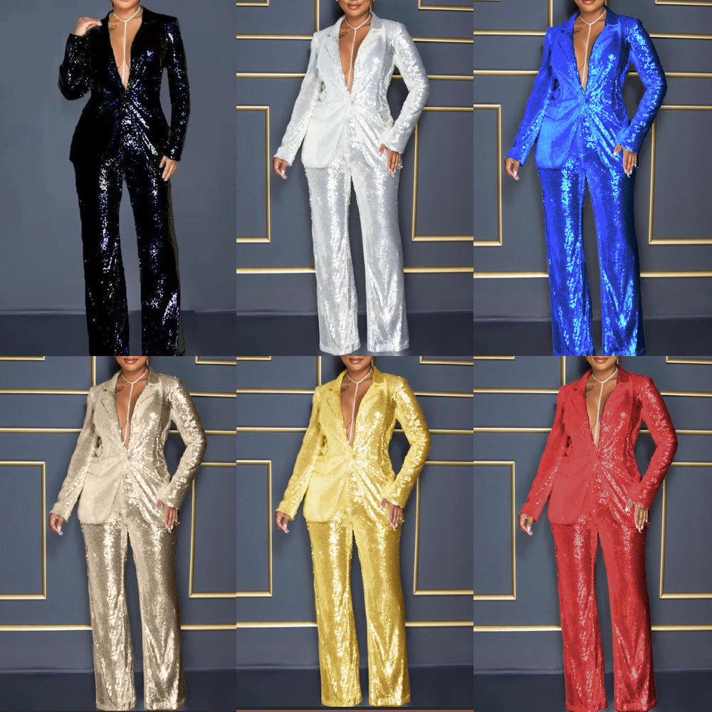 Dame Glitterende Jumpsuit sæt med tætsiddende silhuet og glitrende detaljer Stilla