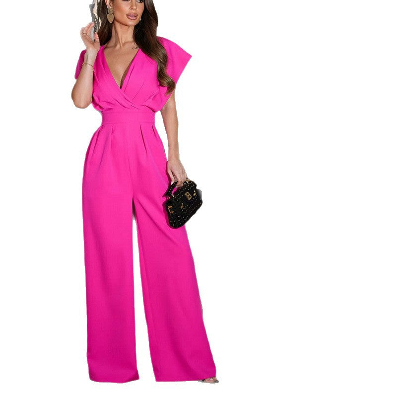 Dame elegant bred ben jumpsuit med V-udskæring Stilla