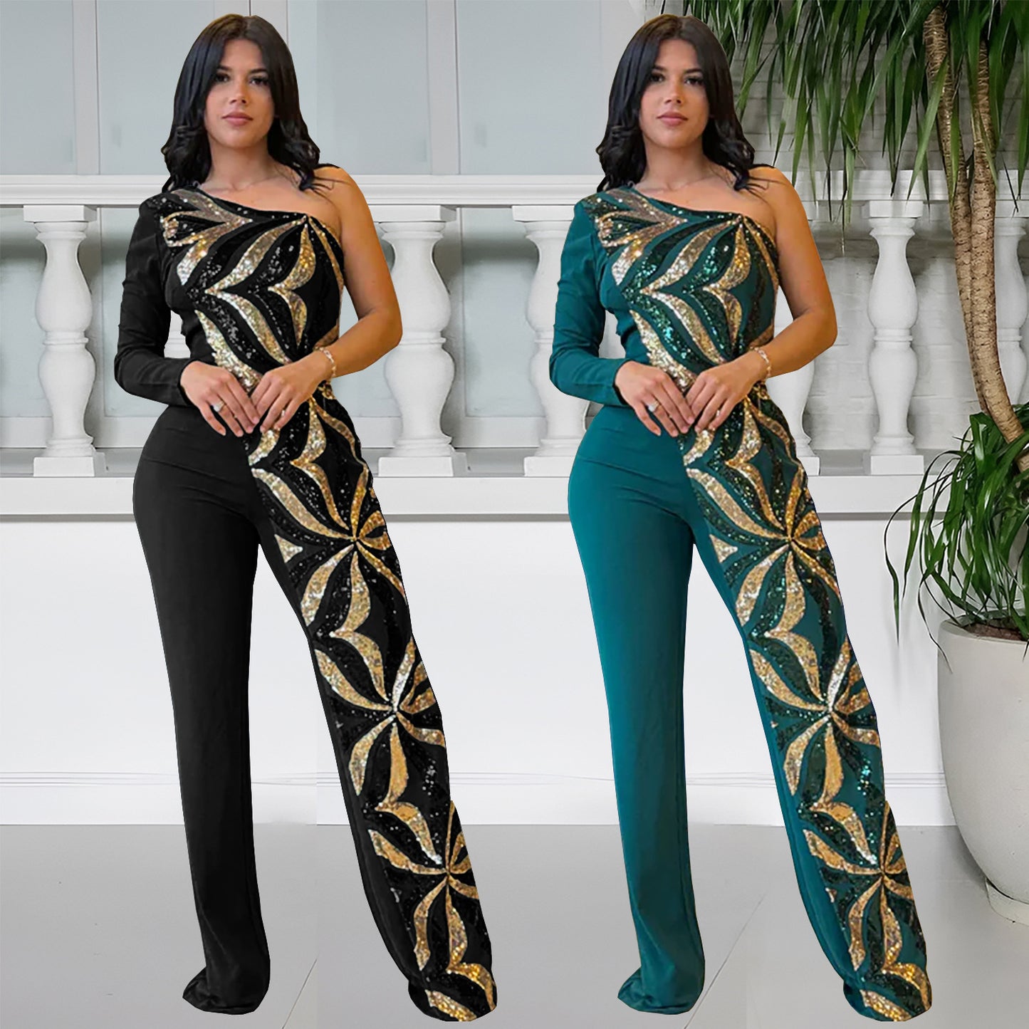 Dame Elegant Jumpsuit med asymmetrisk snit og glitrende applikationer Stilla
