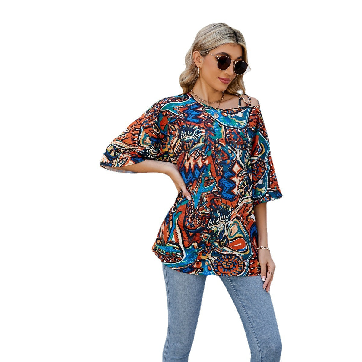 Dame afslappet oversized top med farverigt mønster og bred pasform Stilla