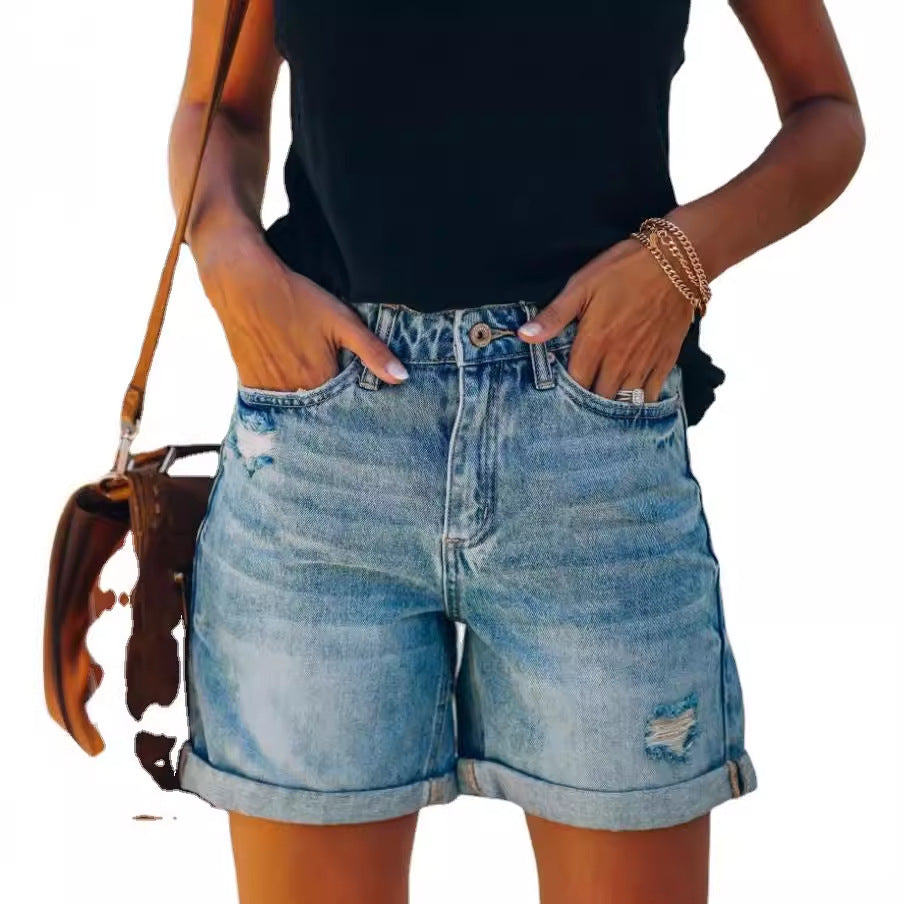 Dame Denim-shorts i afslappet vintage-stil med høj talje og frynse-detaljer Stilla