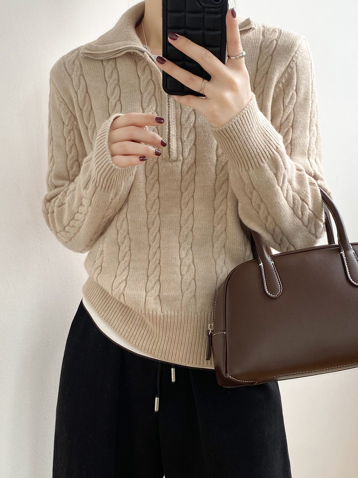 Femme Kabelstrik V-kvart-lynlå Pullover Sweater Stilla