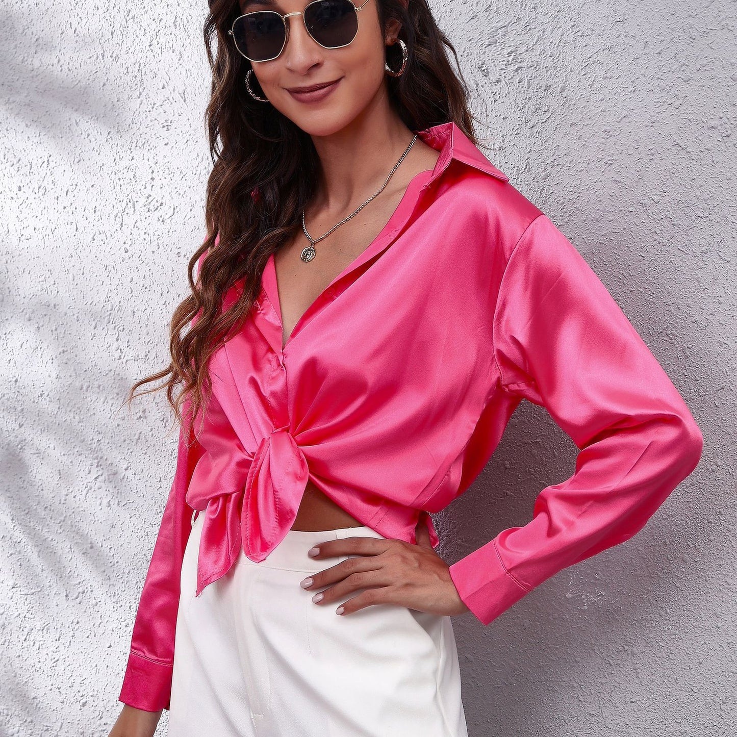 Dame Satin Bluse med Knote Lukning Stilla