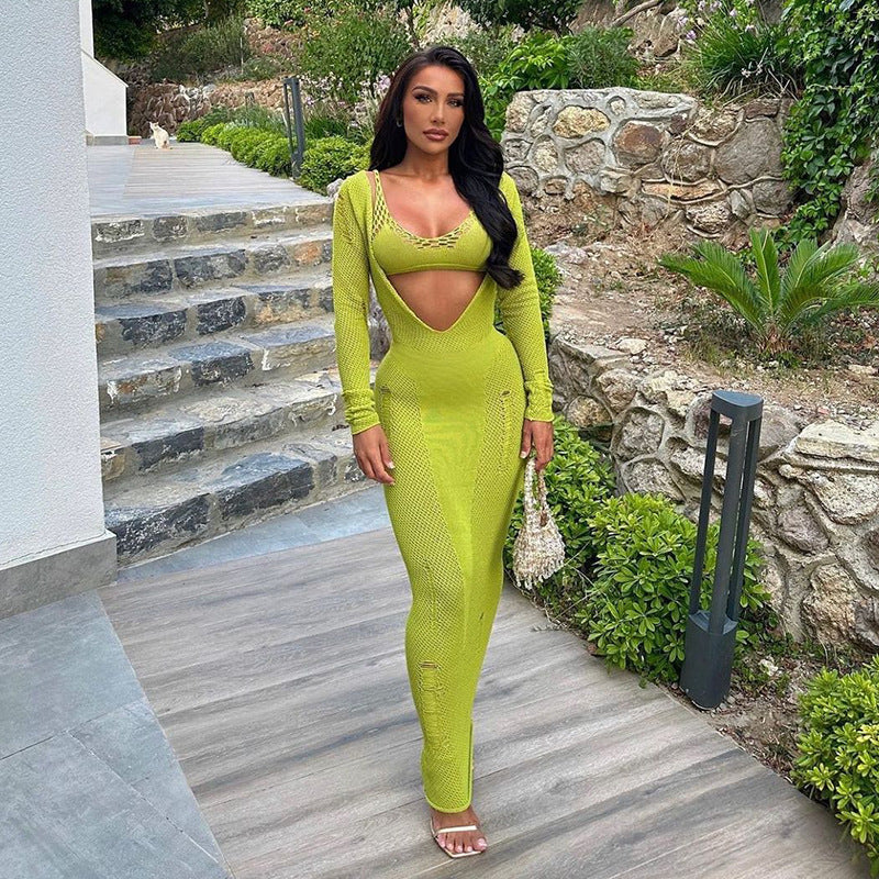 Dame Cutout Hæklet Lange Ærmer Maxikjole Stilla