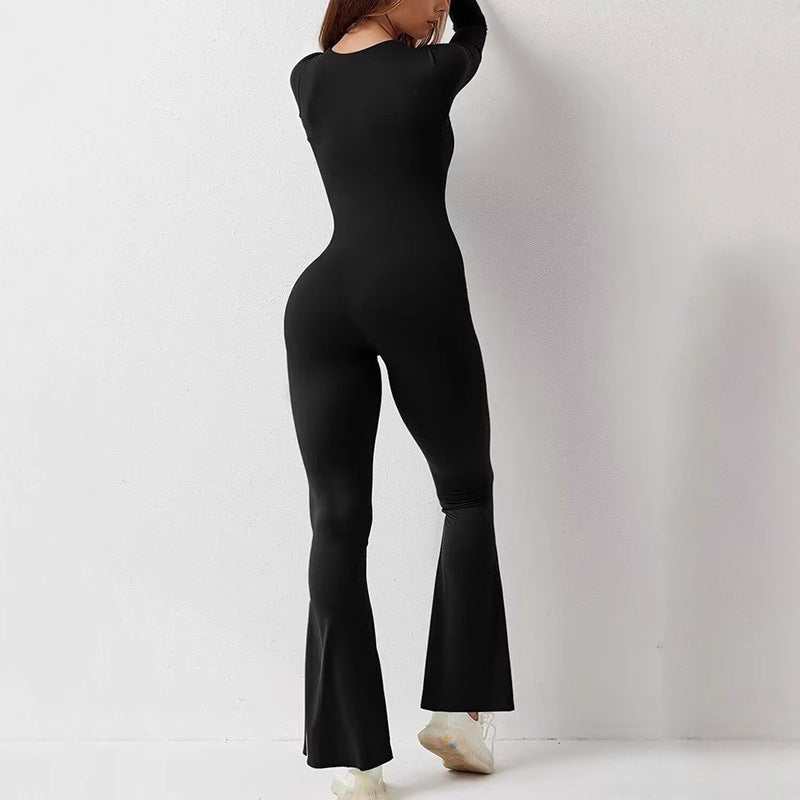 Dame Elegant Langærmet Jumpsuit med dyb kvadratisk U-hals og flatterende snit Stilla