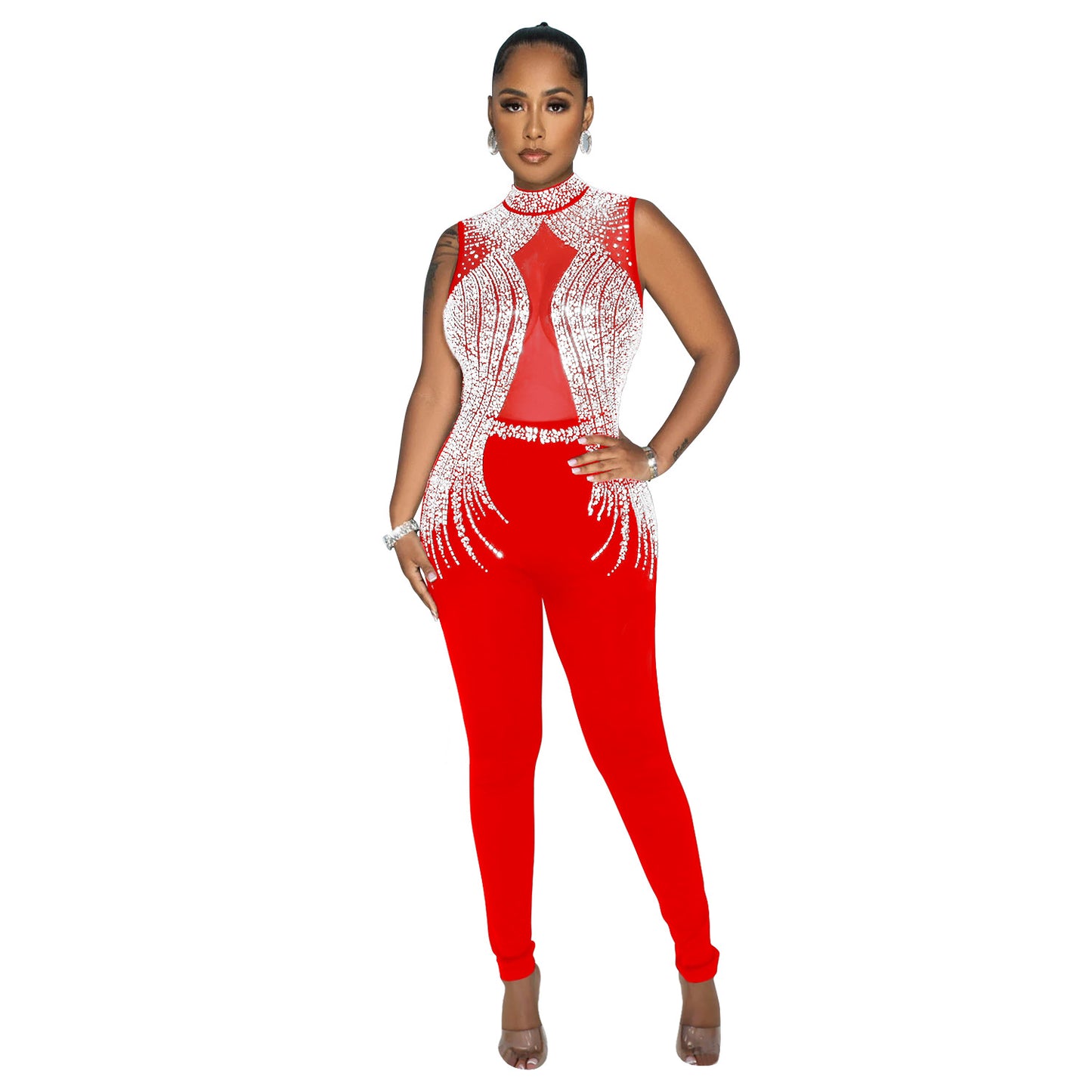 Dame elegant Bodycon jumpsuit med transparente indsatser og strass dekorerede detaljer Stilla