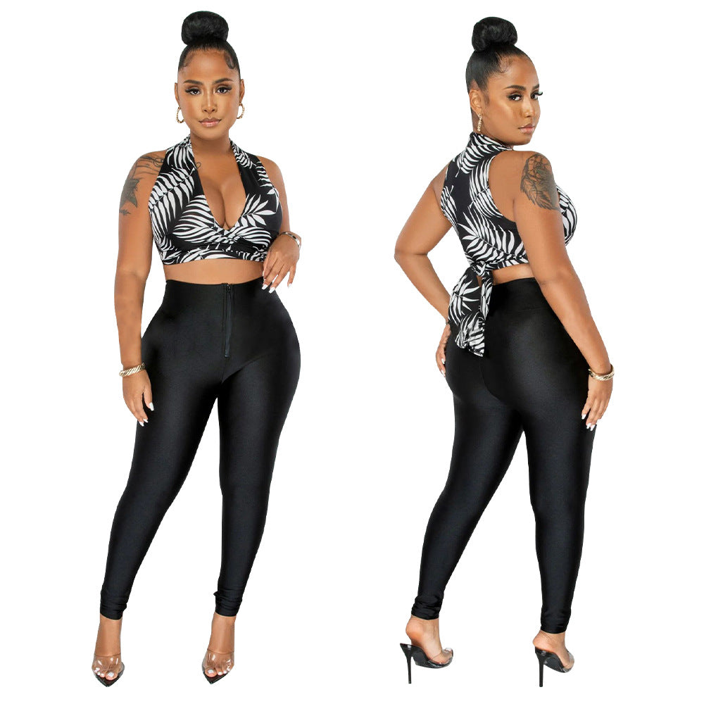 Dame Crop Top og Høj taljede Leggings Sæt med elegant trykdesign Stilla