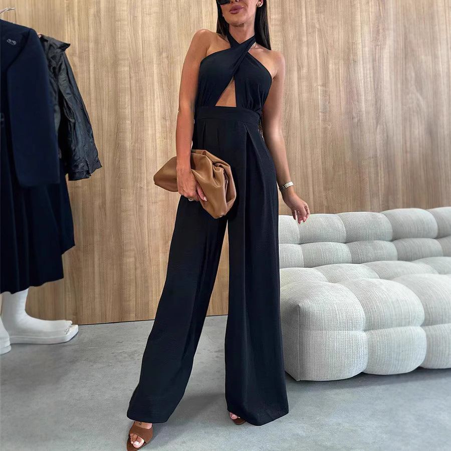 Dame Elegant Jumpsuit med dyb V-hals og bredt ben Stilla