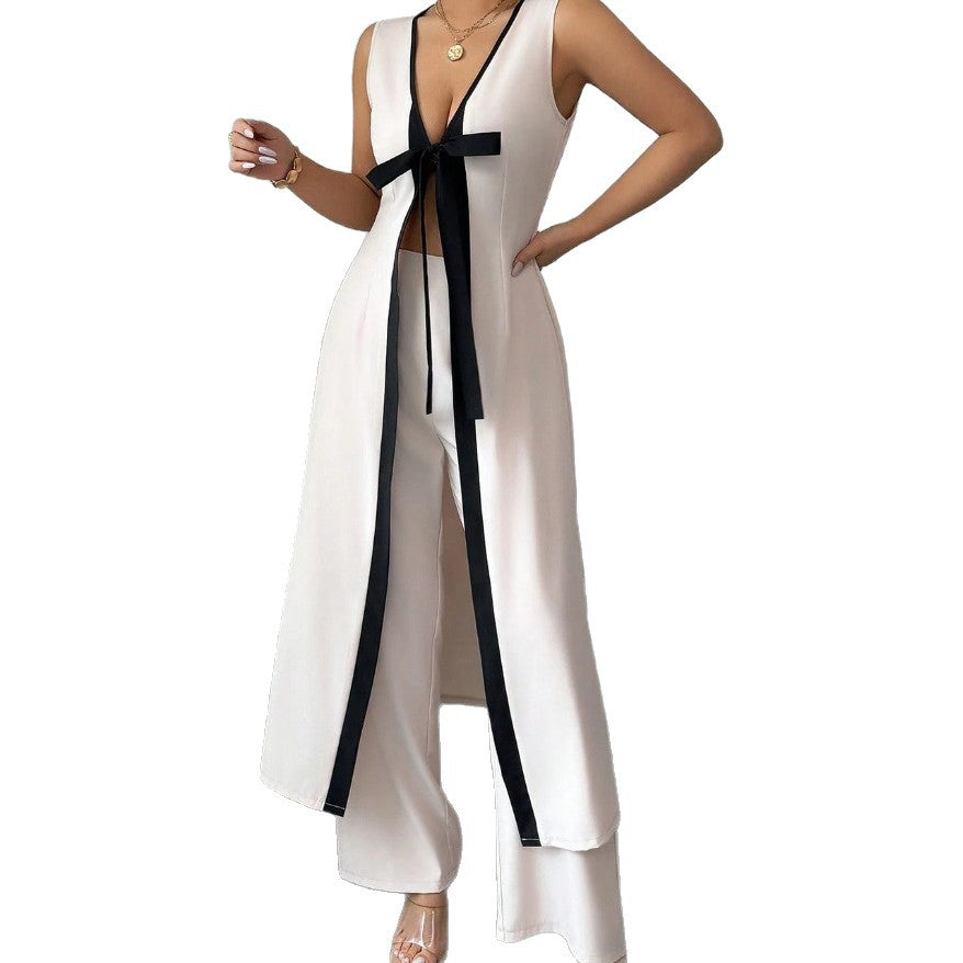 Dame elegant bred ben jumpsuit med bindefrontdetalje Stilla