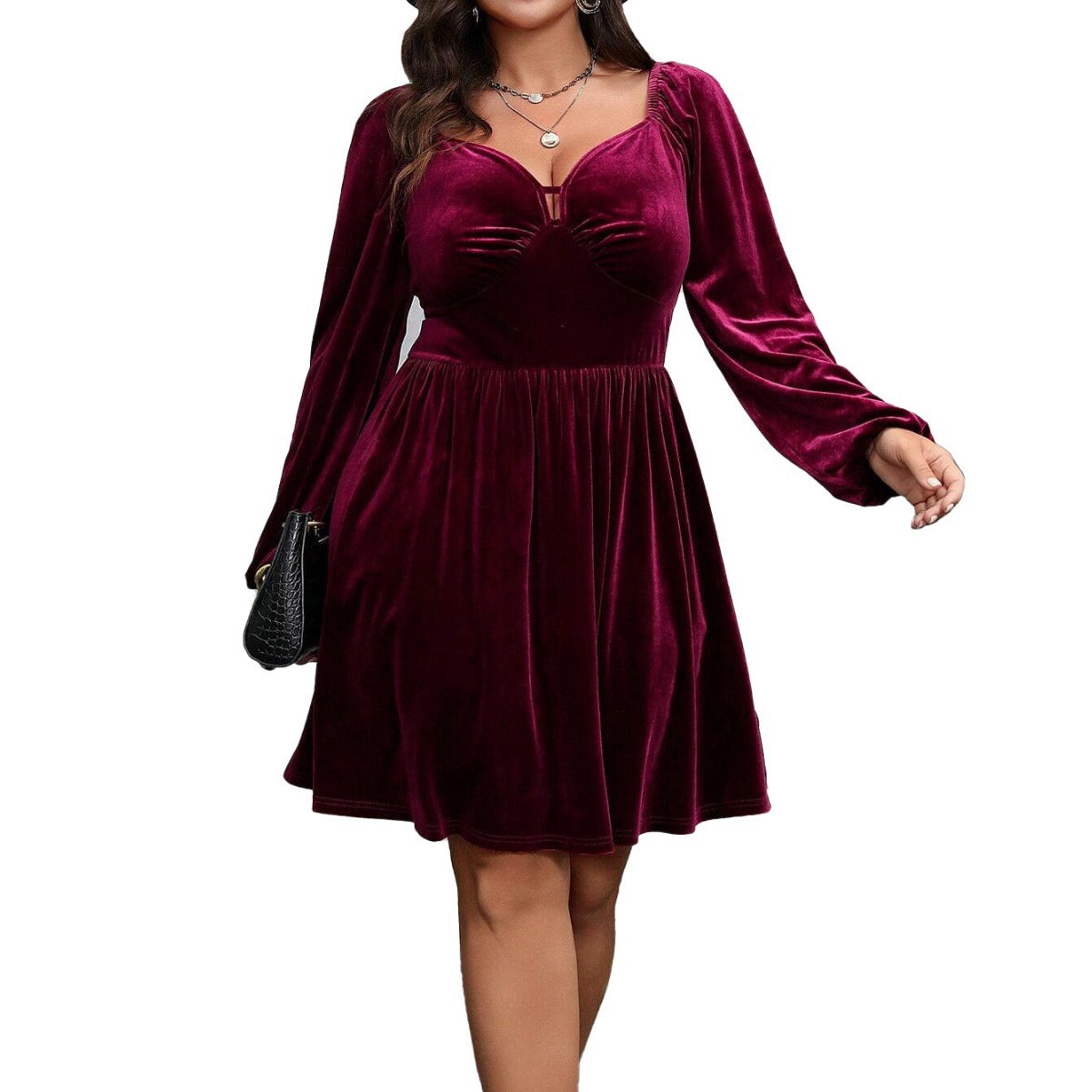 Dame elegant fløjlskjole med dyb V-hals og lange ærmer Stilla