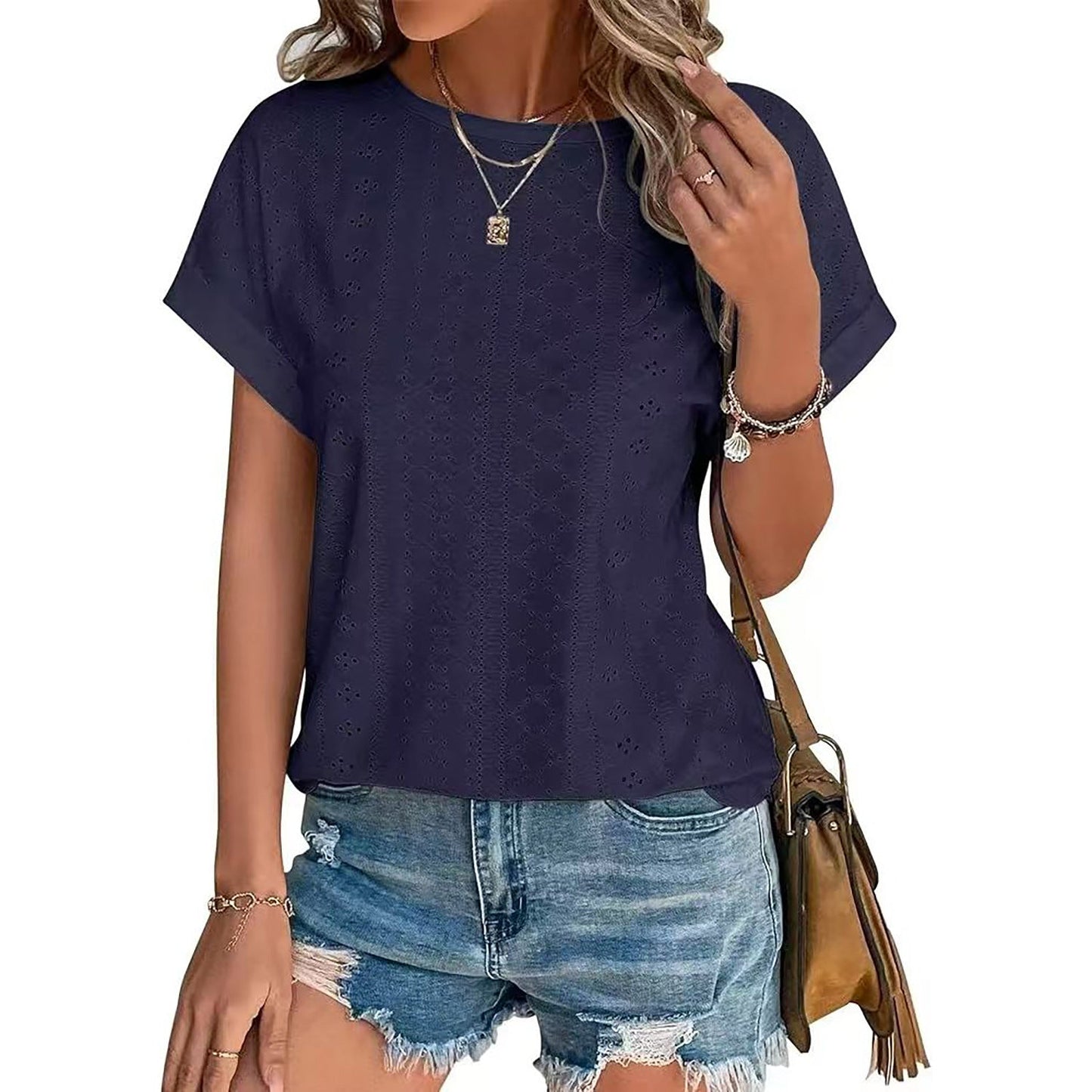 Stilla | Basic Solid Rund Hals Løs Kort Ærme T-shirt