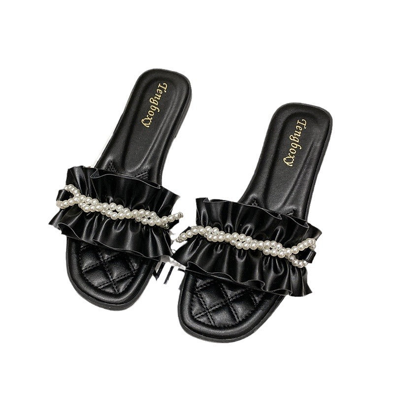 Dame åbne remsandaler med voluminøst foldedesign og elegante perleaccentuer Stilla