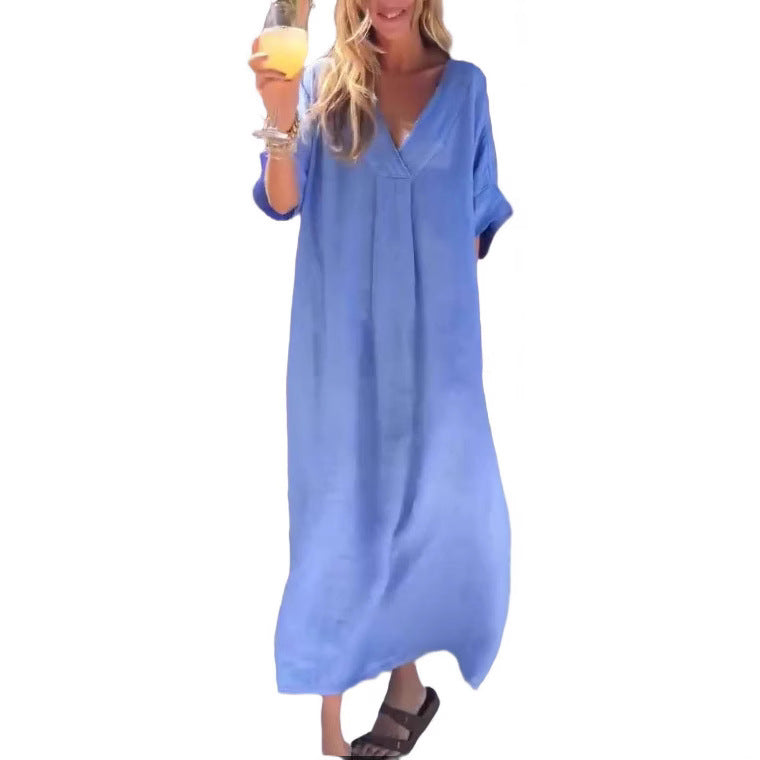 Dame afslappet maxikjole med oversized snit og V-udskæring Stiila