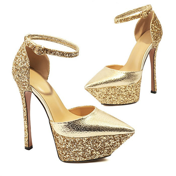 Dame Glitter Plattform Højhælede Pumps med Anklerem Stilla