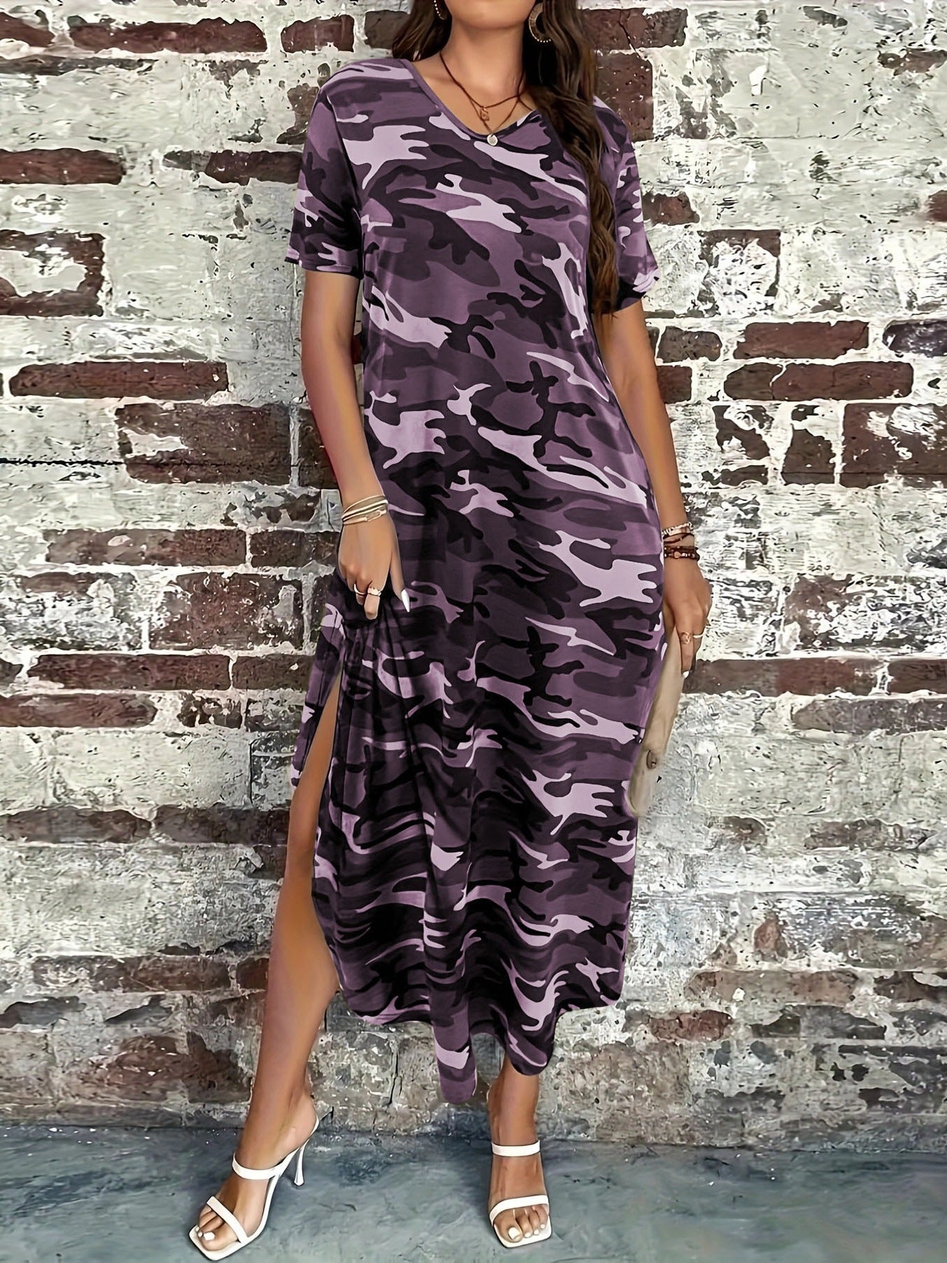 Dame afslappet maxikjole med camouflage-mønster Stilla