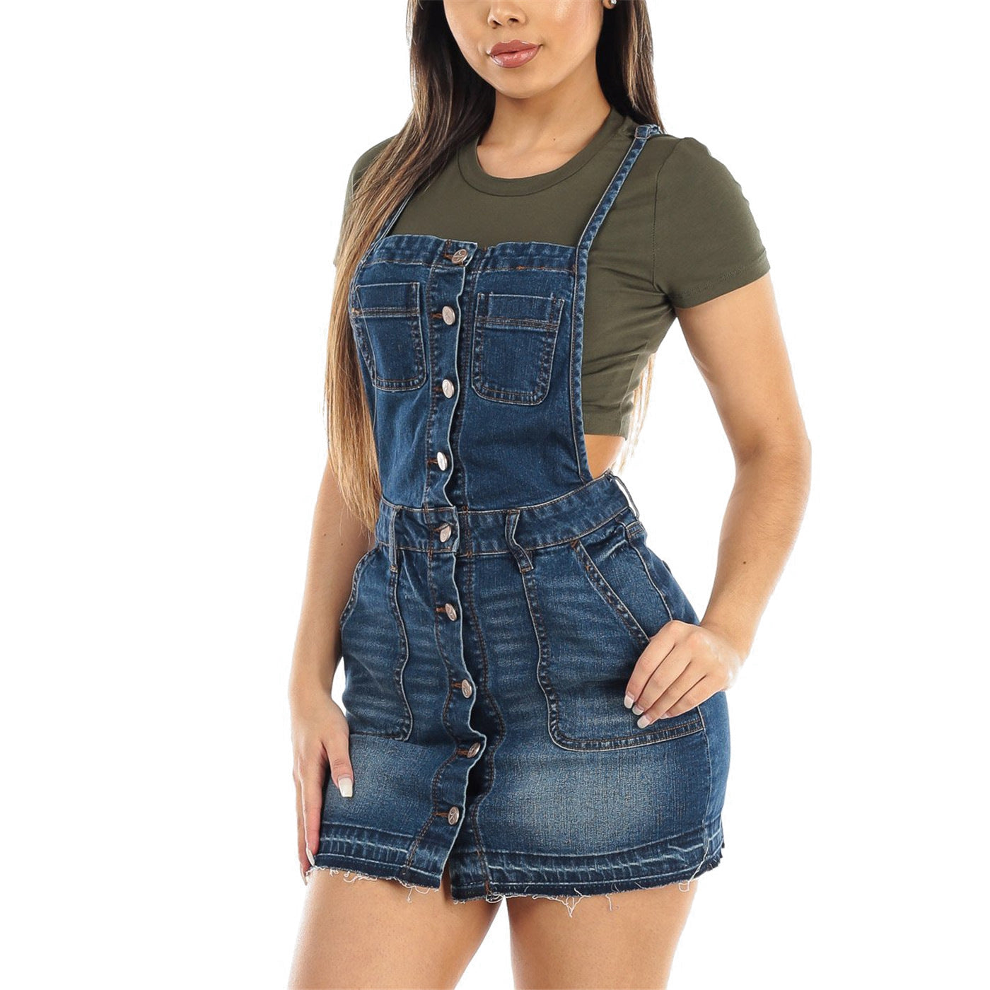 Dame Denim-forklædekjole med knapdetaljer og frynser Stilla