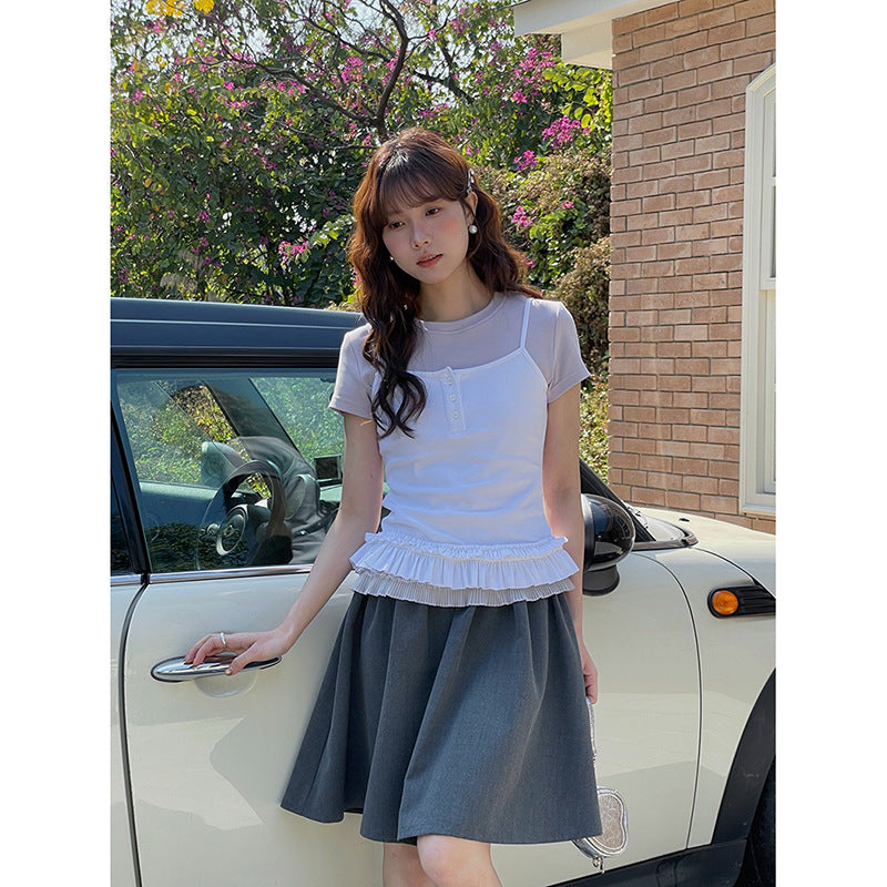 Dame afslappet lag-top med flæsekant og kortærmet nederdel Stilla