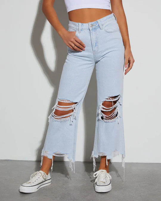 Dame Ripped Wide-Leg Jeans med frynset kant Stilla