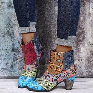 Dame Ankelstøvler med farverigt patchwork-design og komfortabel blokhæl Stilla