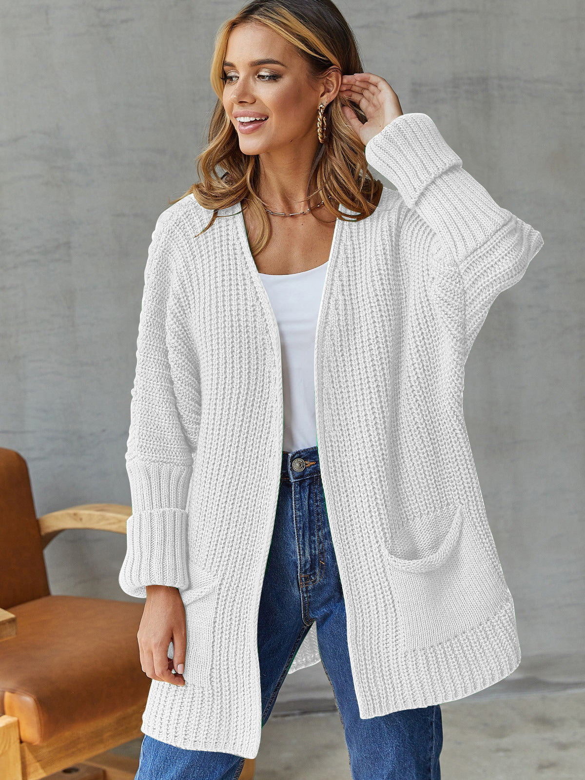 Femme Struktureret Åben Strikcardigan med Lomme detaljer Stilla