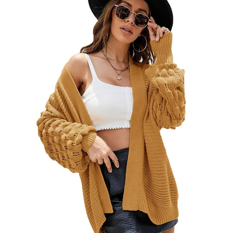 Dame Åben Strikjakke med moderne Fletmønster og afslappet Stil Stilla