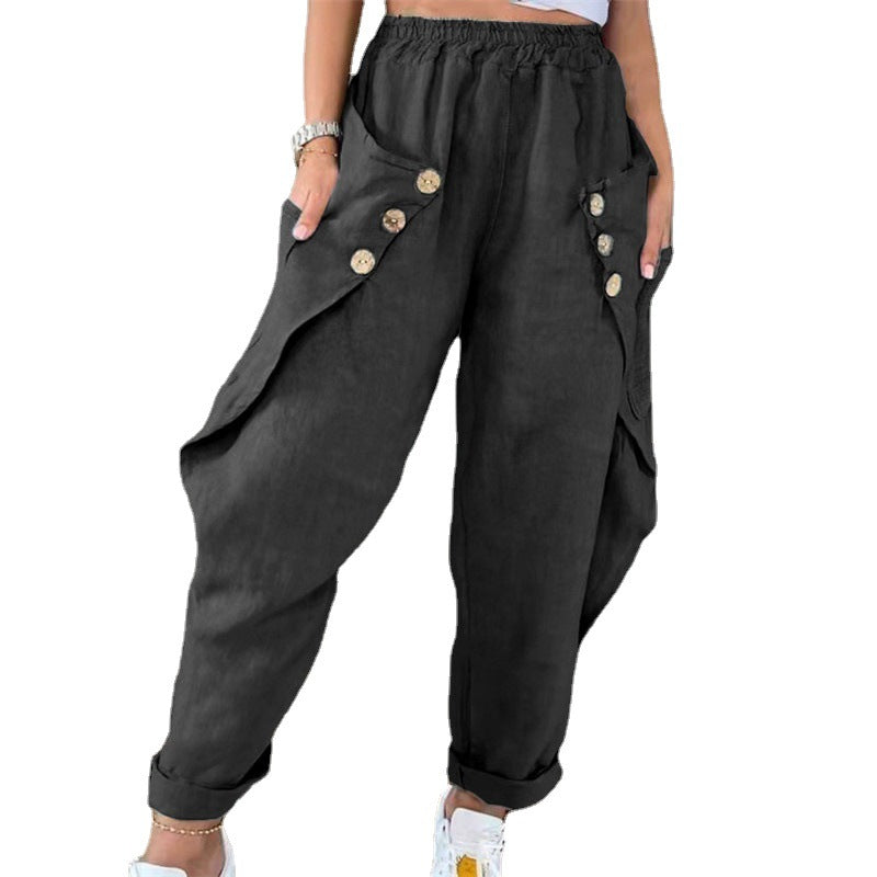 Dame Casual Cargo Bukser med Knapdetaljer og Bred Snit Stilla