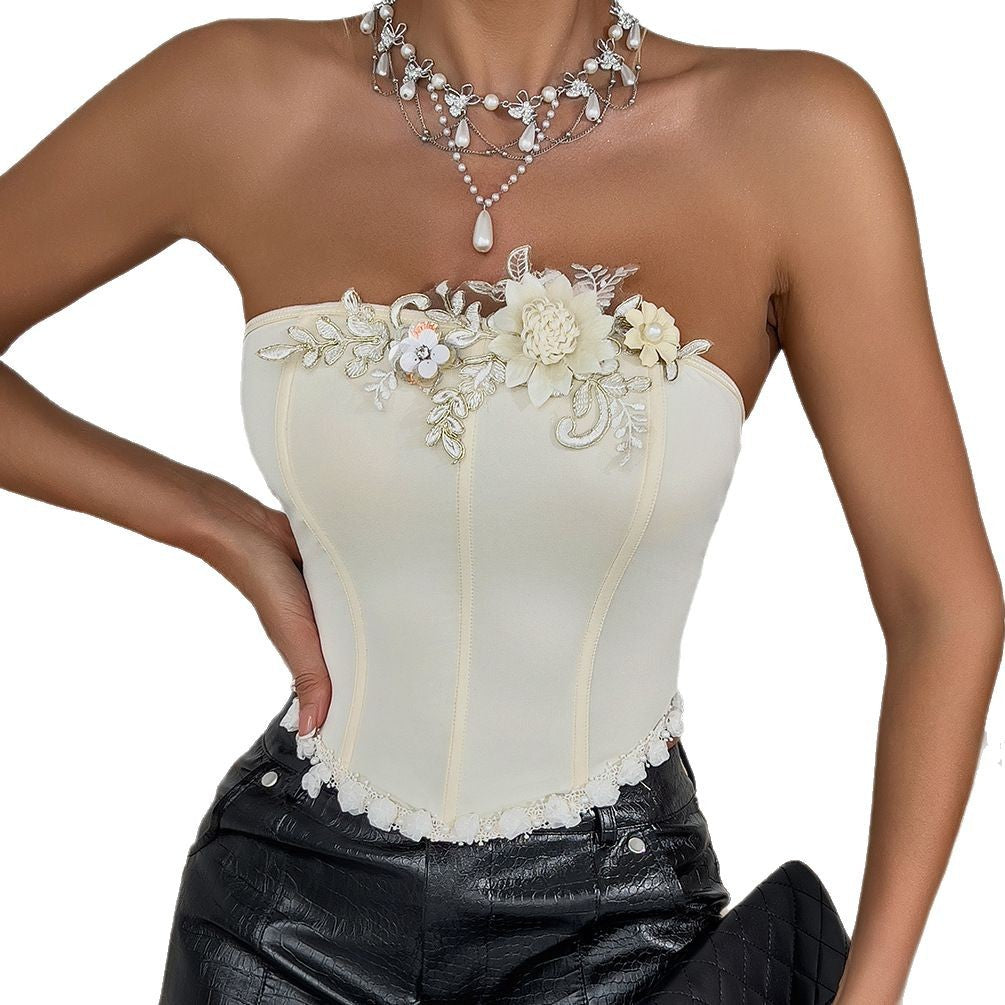 Dame Elegant Corsage-top med florale applikationer Stilla
