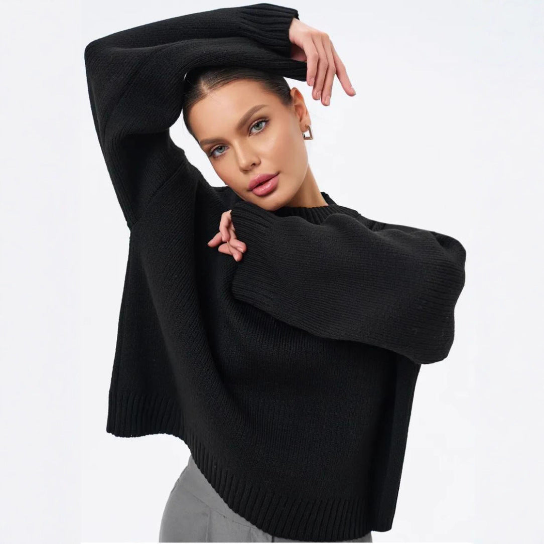 Dame hyggelig cropped sweater med afslappede ballonærmer og ribstruktur Stilla