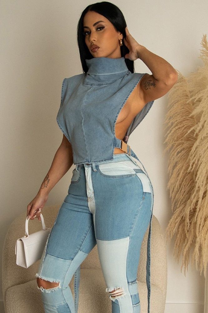 Stilla | Højkrave Ærmeløs Denim Kort Vest