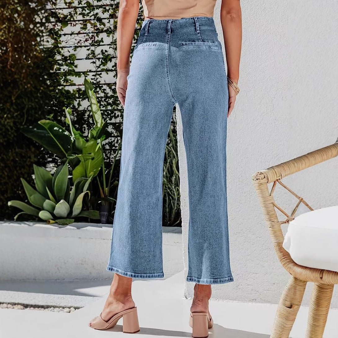 Dame højtaljede jeans med bred ben og dekorative knapdetaljer Stilla