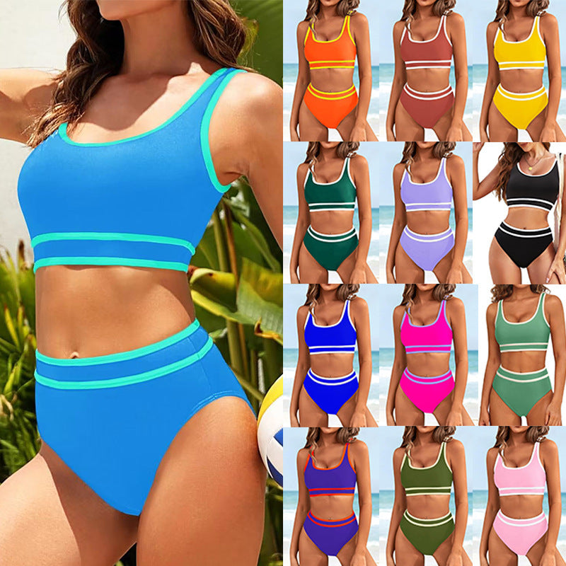Dame Højtaljede Bikini-Sæt med sportslig Crop-Top og kontrasterende Ærmelydetails Stilla