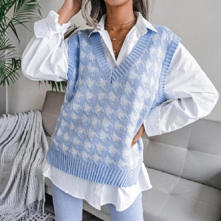 Dame strikvest med moderne houndstooth mønster Stilla