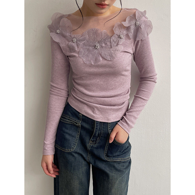Dame elegant blouse med blomsterlignende spidskant og gennemsigtig krave Stilla