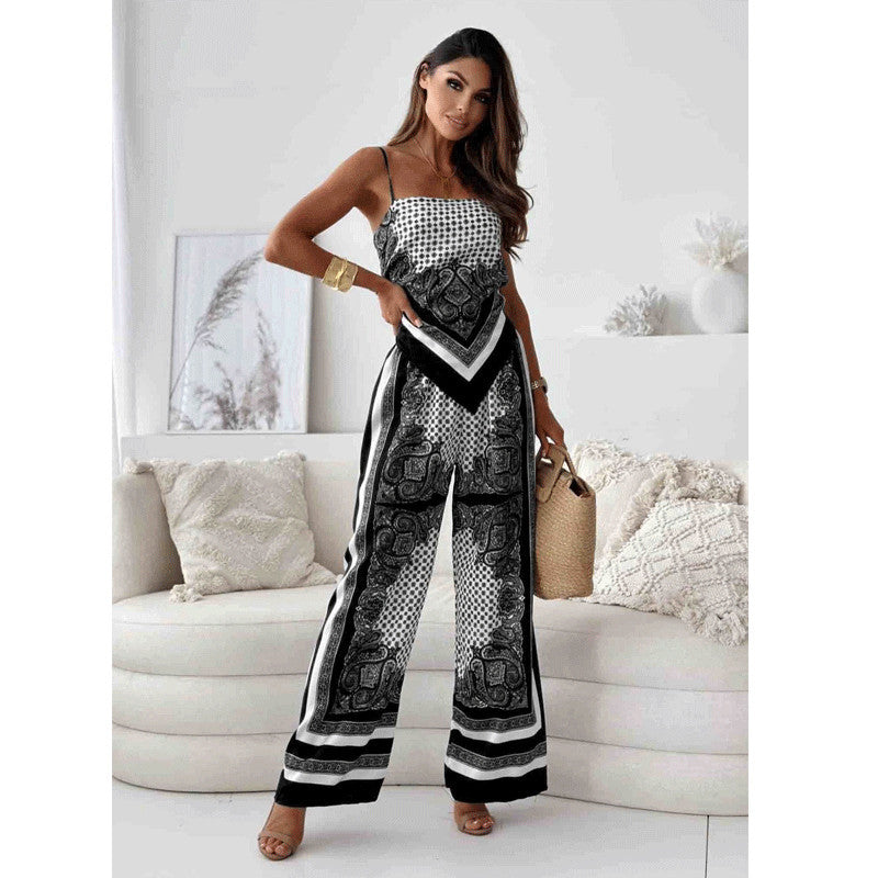 Dame maksimal bicolor jumpsuit med fine stropper og stilfuldt mønster Stilla