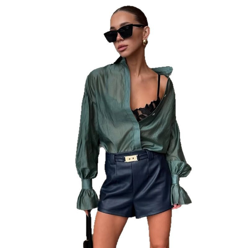 Dame Elegant Chiffonbluse med voluminøse ærmer og raffineret knapliste Stilla