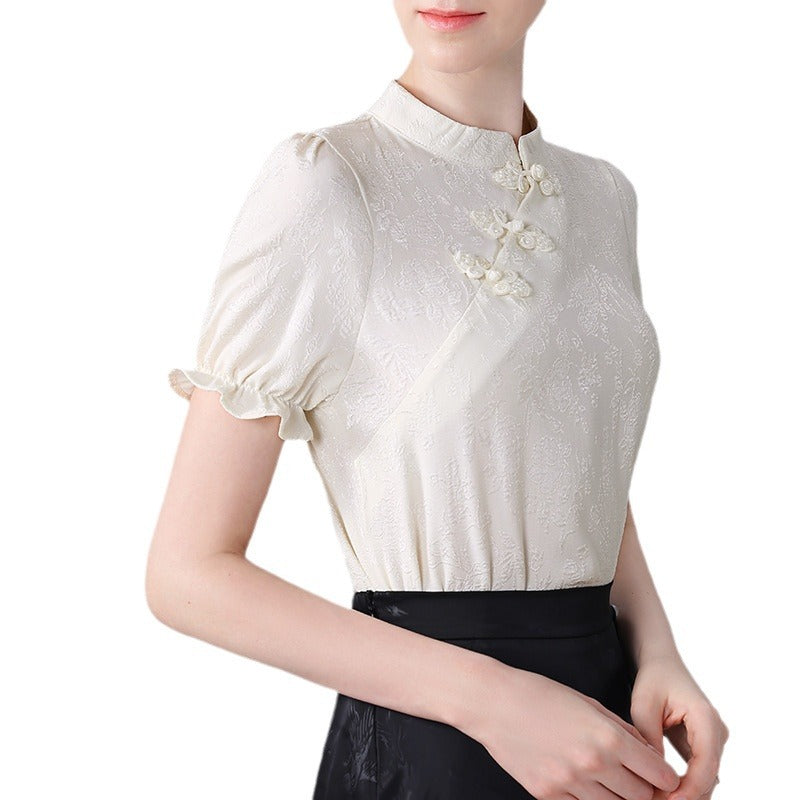 Dame Elegant Bluser T-shirt med asymmetrisk krave og floral struktur Stilla
