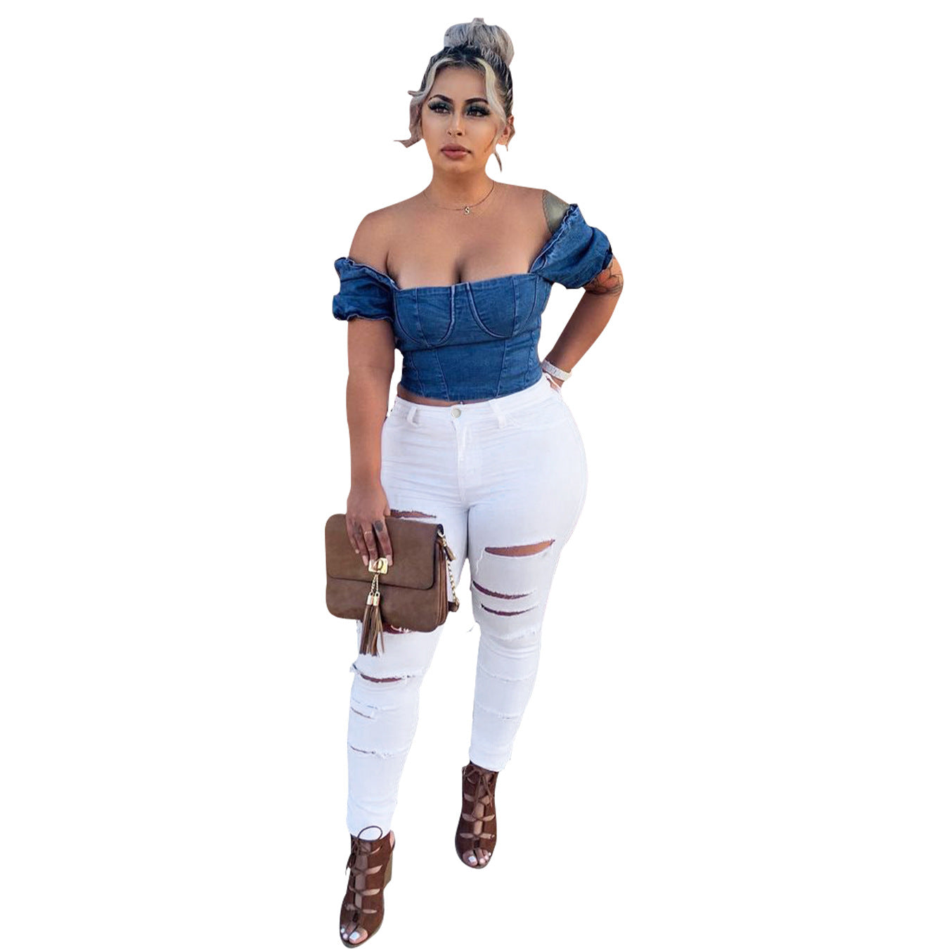 Dame cropped jeansbluse og skrå bukser Stilla