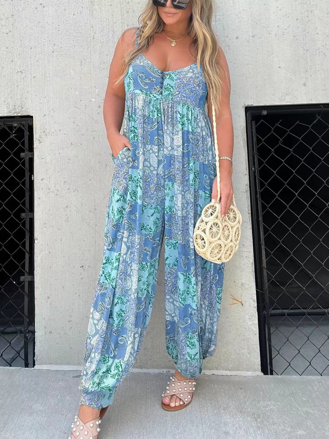 Dame luftig Boho- jumpsuit med elastisk fald og praktiske lommer Stilla