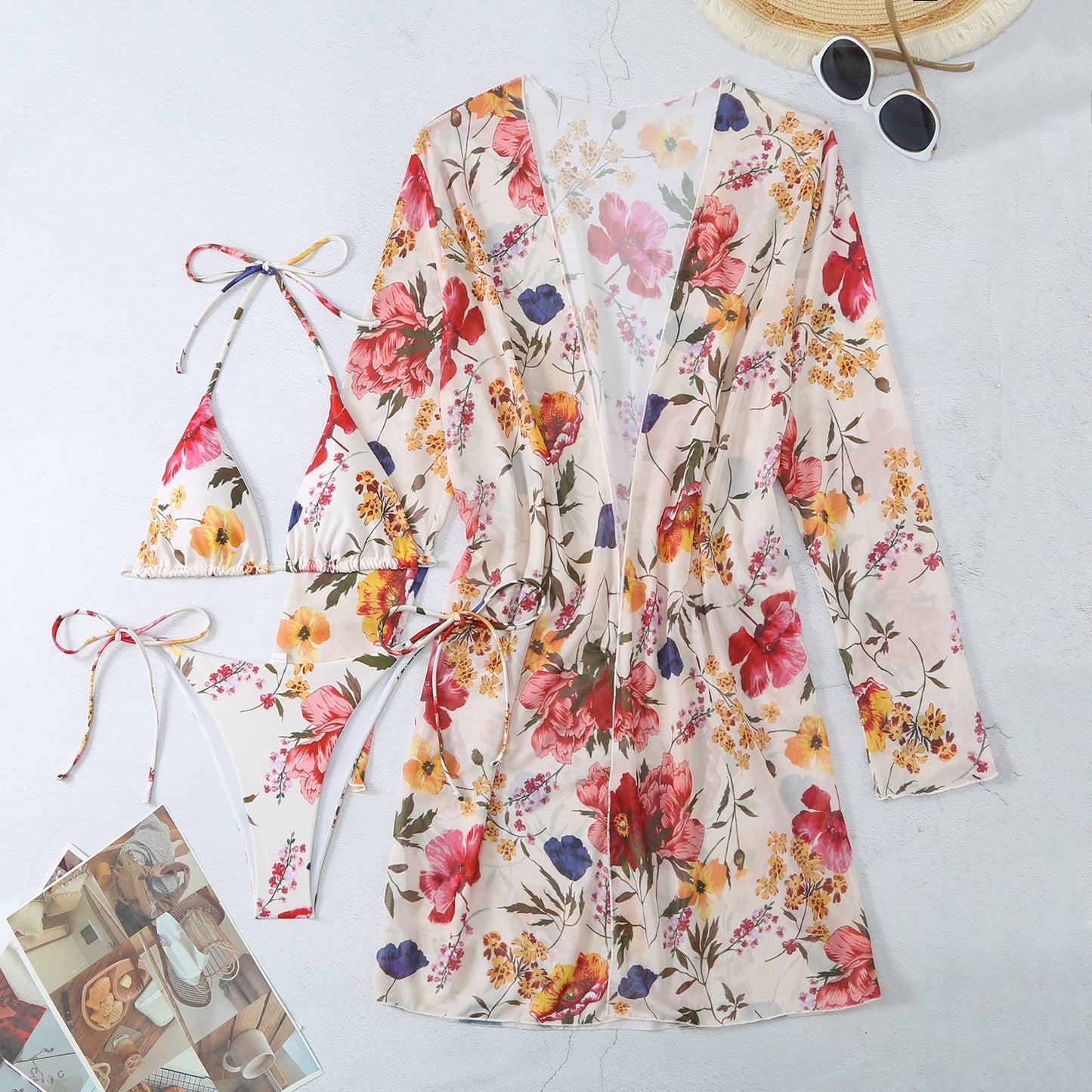 Dame Badetøjssæt med blomster kimono og blomstrende bikini Stilla
