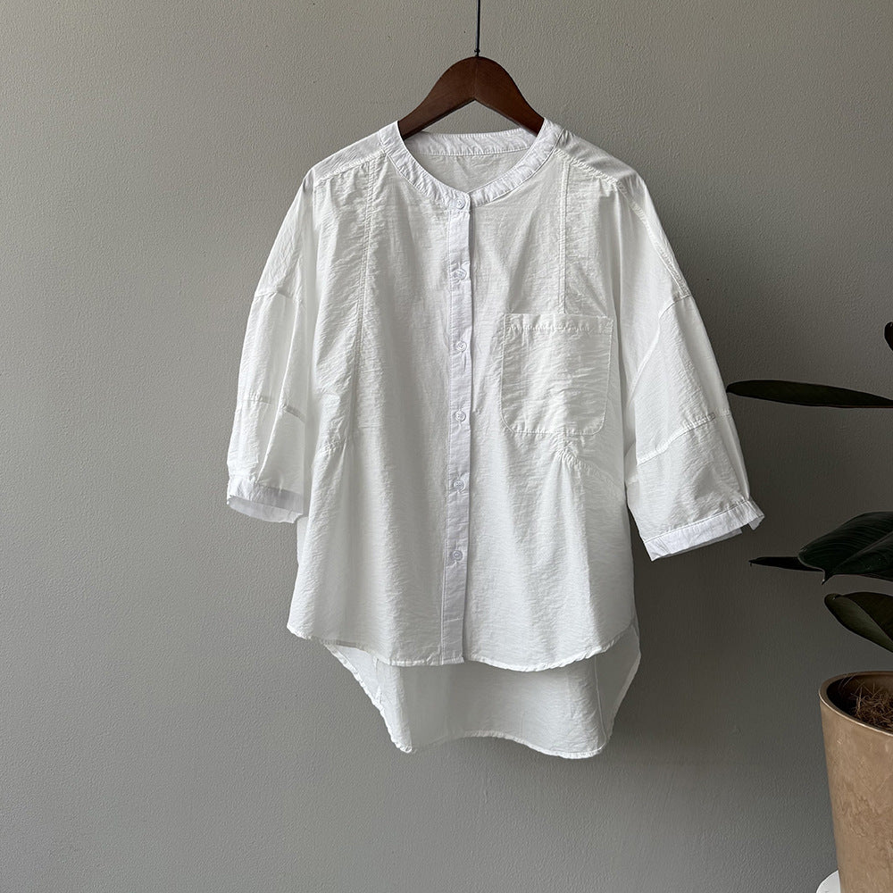 Dame afslappet langærmet blouse med knapbar udskæring og brystlomme Stilla